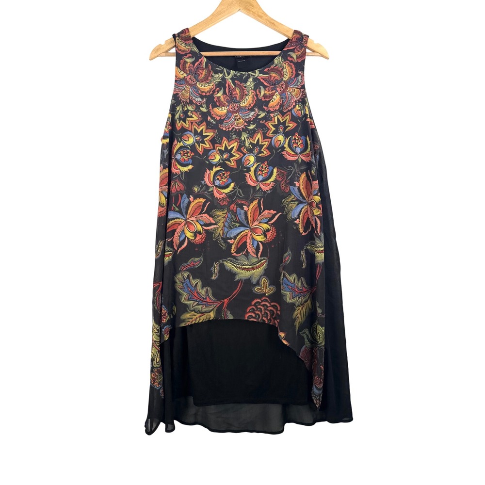 Desigual Tunic Top sz L Black Floral Paisley Rhinestone High Low whimsigoth
